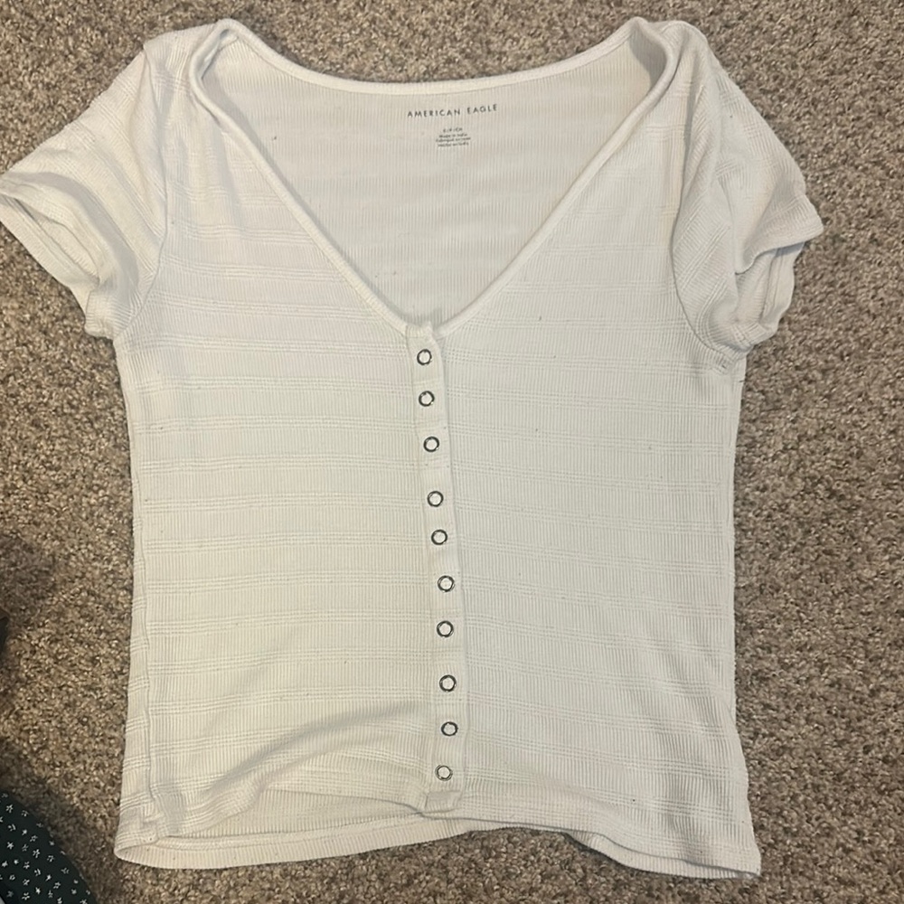 American Eagle Outfitters Cream Fitted Buttoned T-Shirt